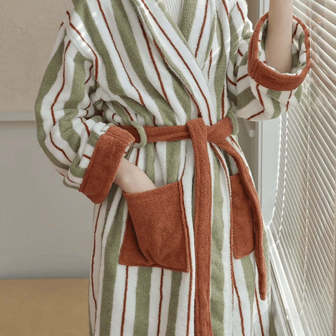 Rust & Khaki Striped Jacquard Cotton Robe front view