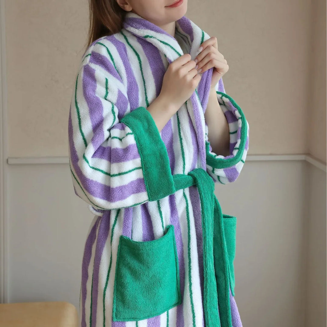 Green & Purple Striped Jacquard Cotton Robe worn close view