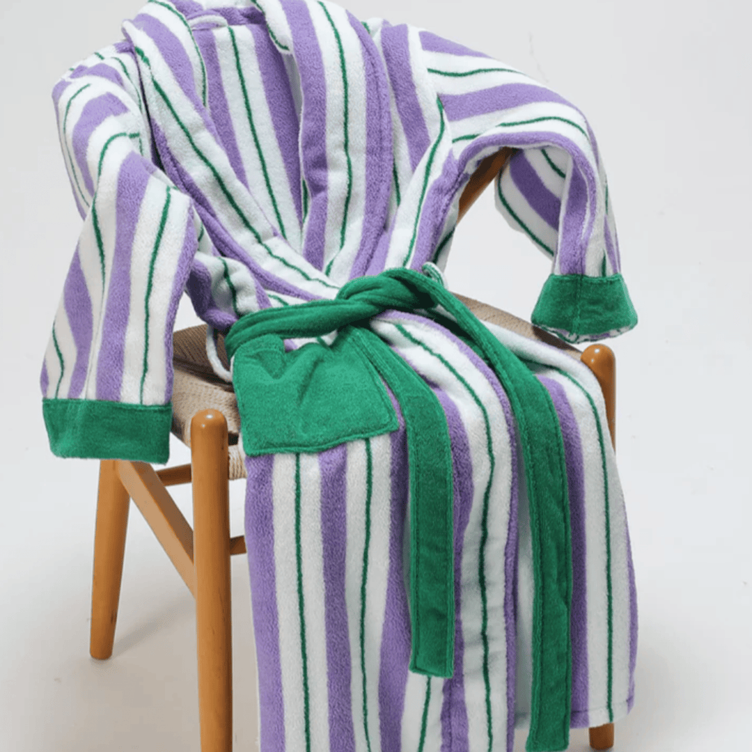 Green & Purple Striped Jacquard Cotton Robe seated lifestyle