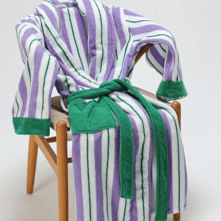 Green & Purple Striped Jacquard Cotton Robe seated lifestyle