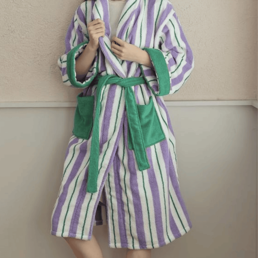 Green & Purple Striped Jacquard Cotton Robe full-length front view