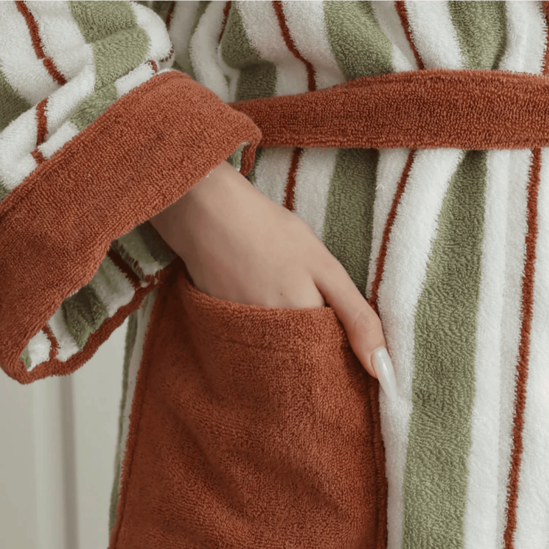 Rust & Khaki Striped Jacquard Cotton Robe pocket detail