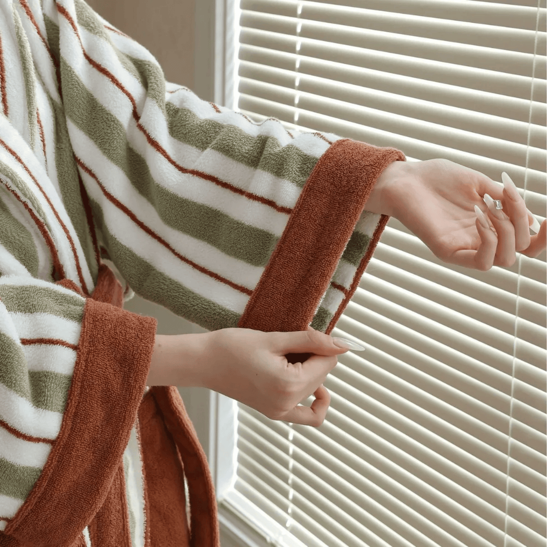 Rust & Khaki Striped Jacquard Cotton Robe cuff detail