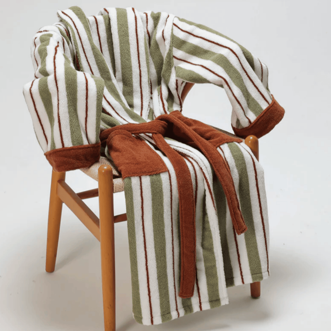 Rust & Khaki Striped Jacquard Cotton Robe draped on chair
