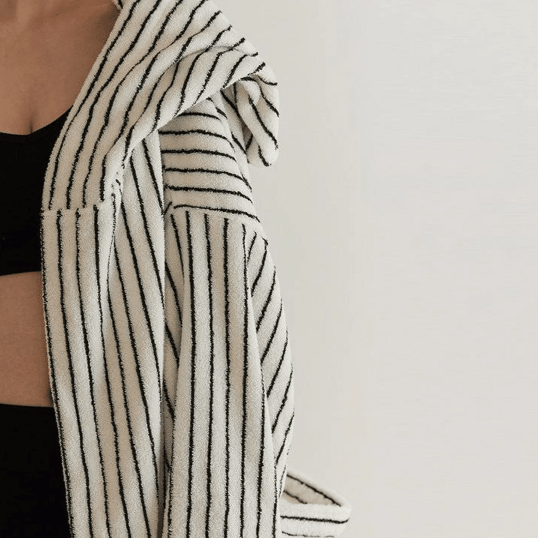 Black & White Striped Organic Cotton Hooded Robe hood side view
