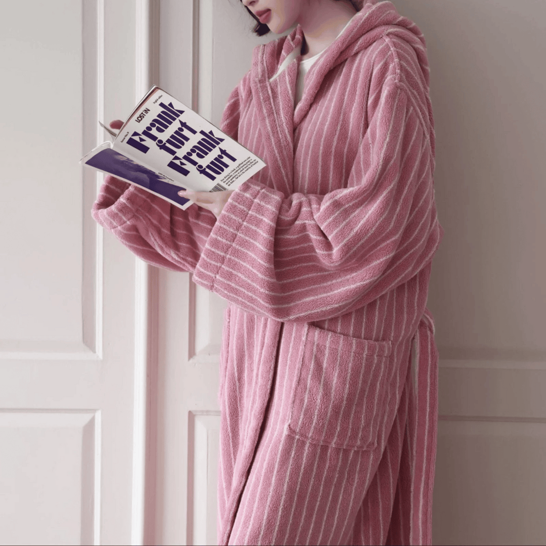 Pink & White Striped Organic Cotton Hooded Robe side view