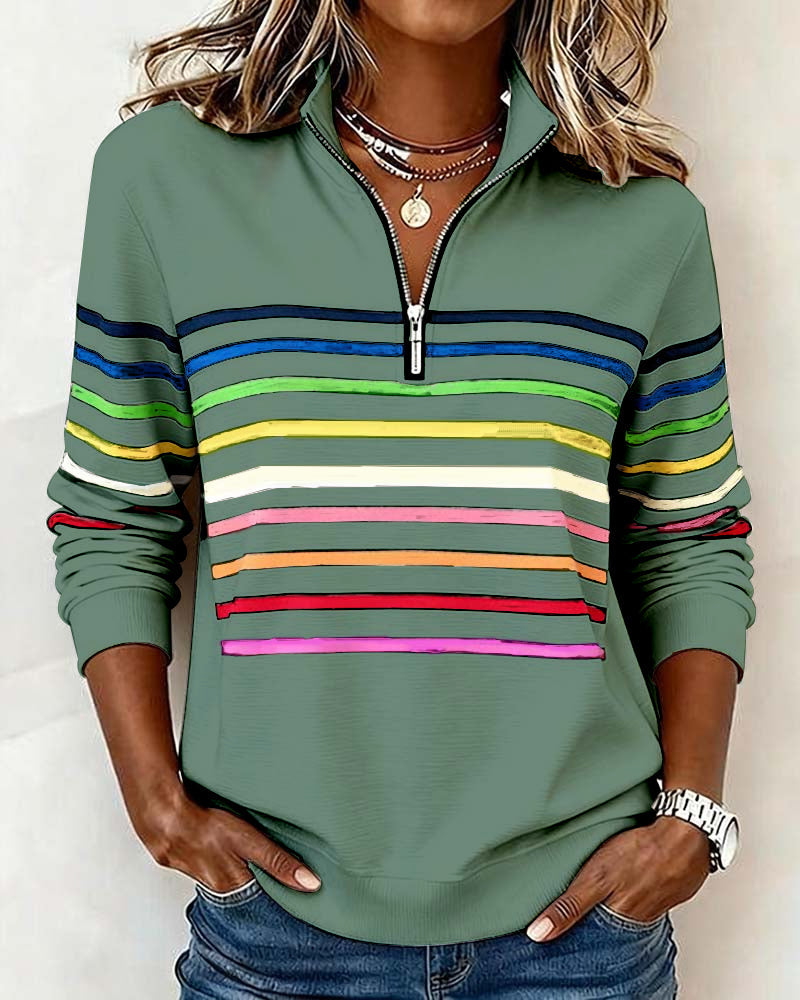 Green Striped Quarter-Zip Sweatshirt worn front view