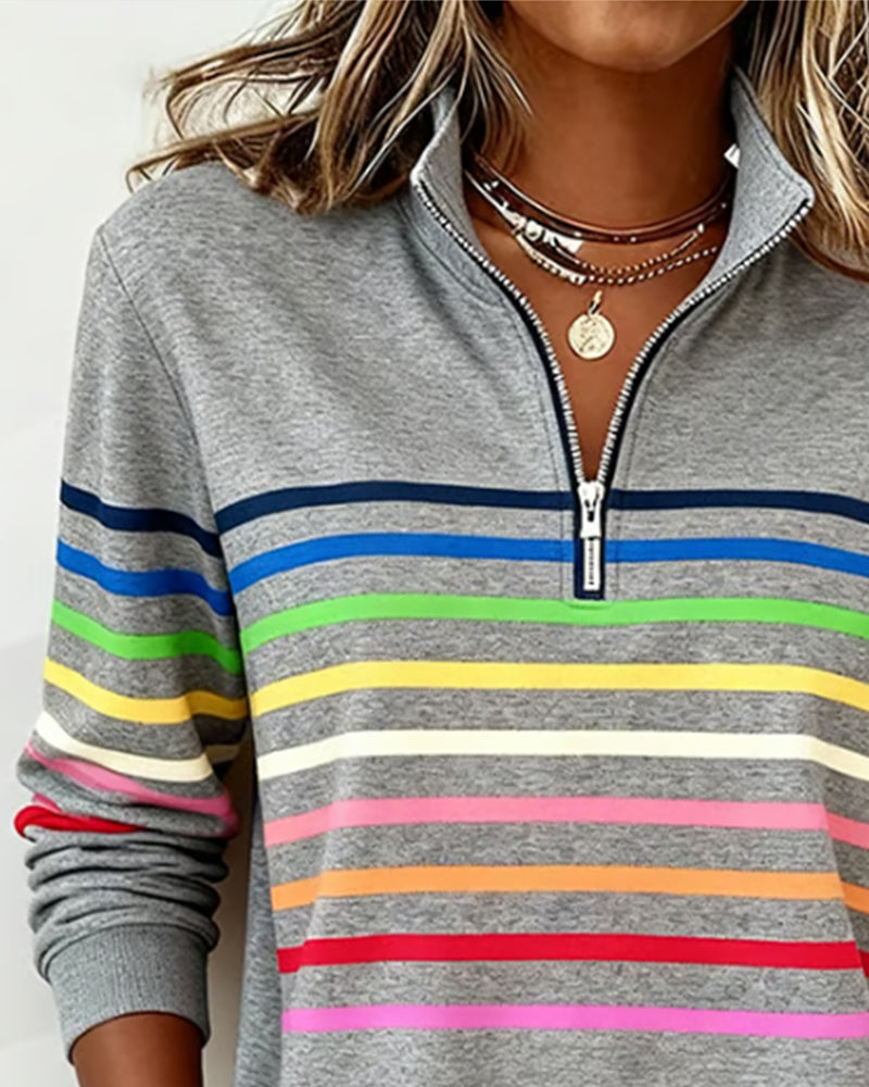 Gray Striped Quarter-Zip Sweatshirt zip collar close view
