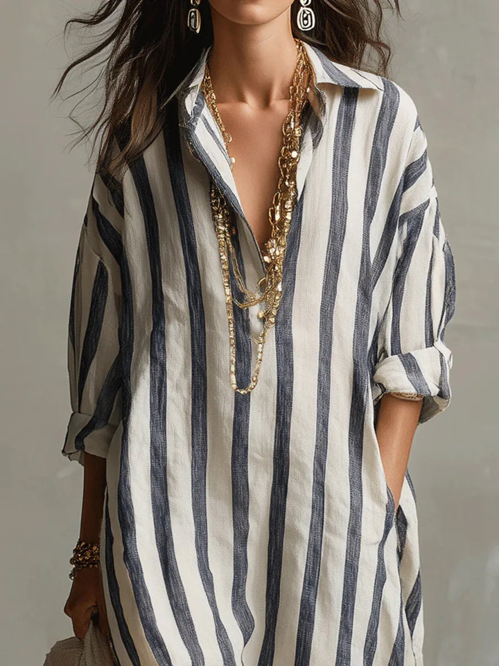Blue Striped Shirt Dress collar detail