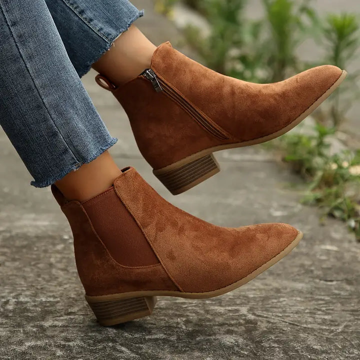 Brown Suede Chelsea Boots worn side view