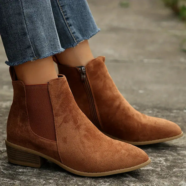 Brown Suede Chelsea Boots worn angled view