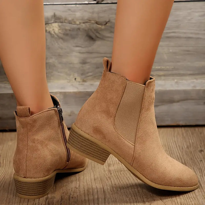 Beige Suede Chelsea Boots worn side view