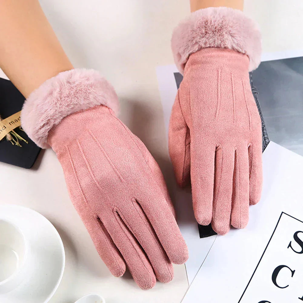 Pink Suede Gloves with Plush Cuff worn view