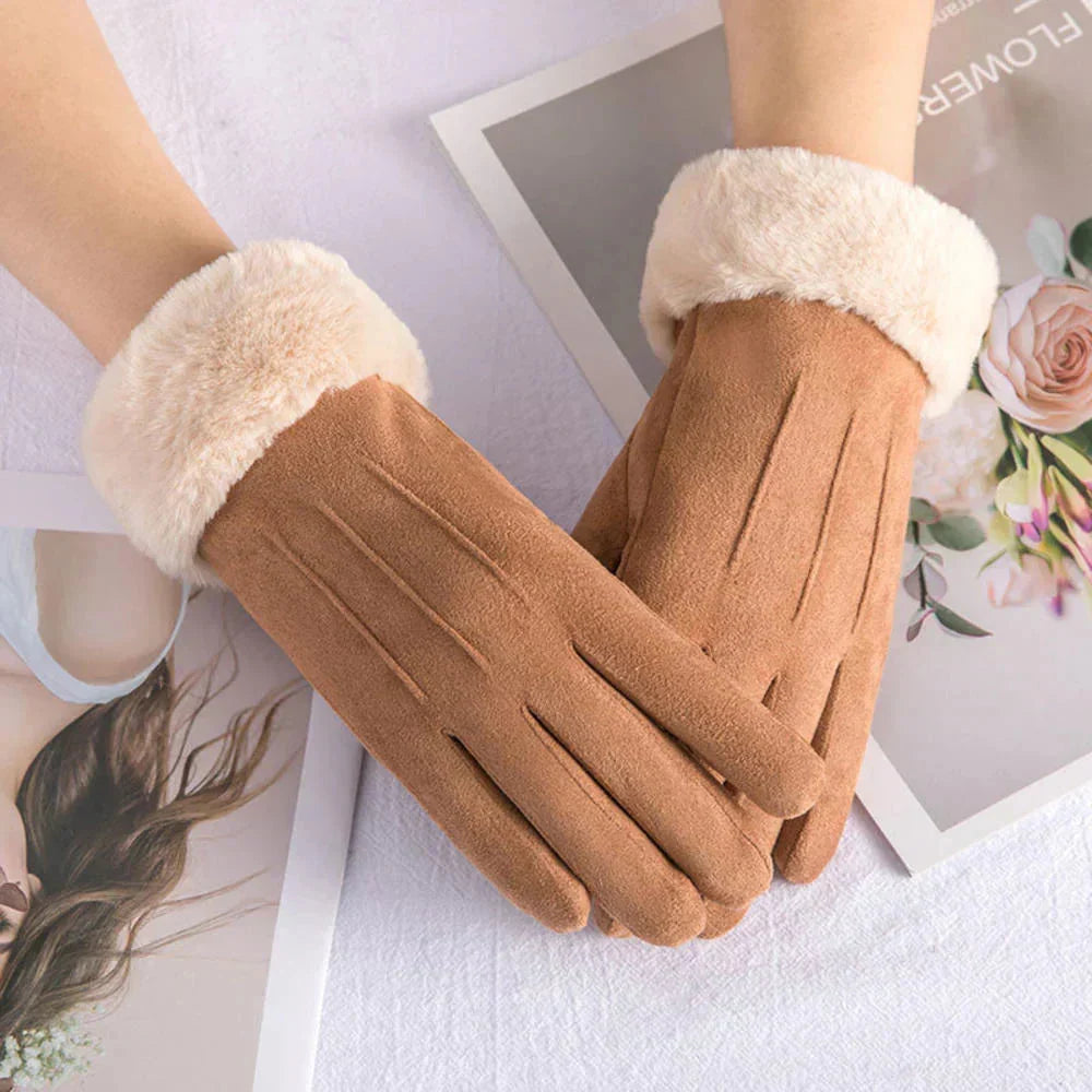 Brown Suede Gloves with Plush Cuff worn view