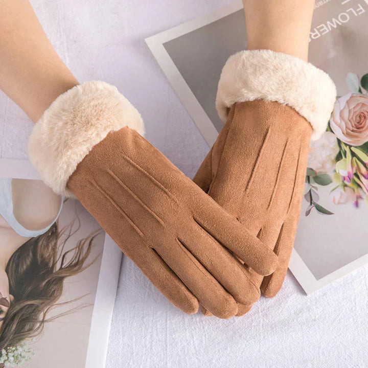 Brown Suede Gloves with Plush Cuff worn view