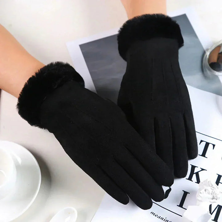 Black Suede Gloves with Plush Cuff worn view
