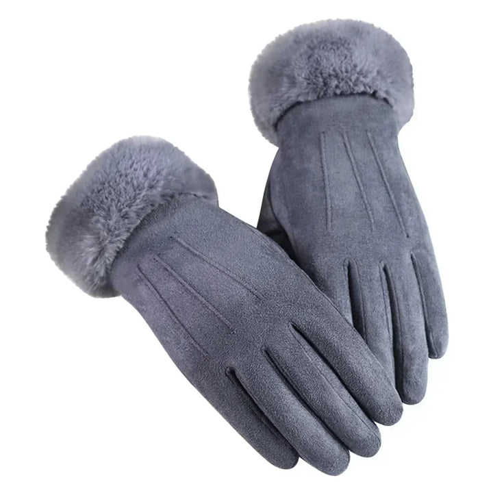 Gray Suede Gloves with Plush Cuff front view