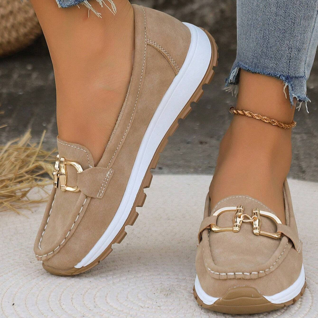 Khaki Suede-Look Slip-On Loafers worn close-up