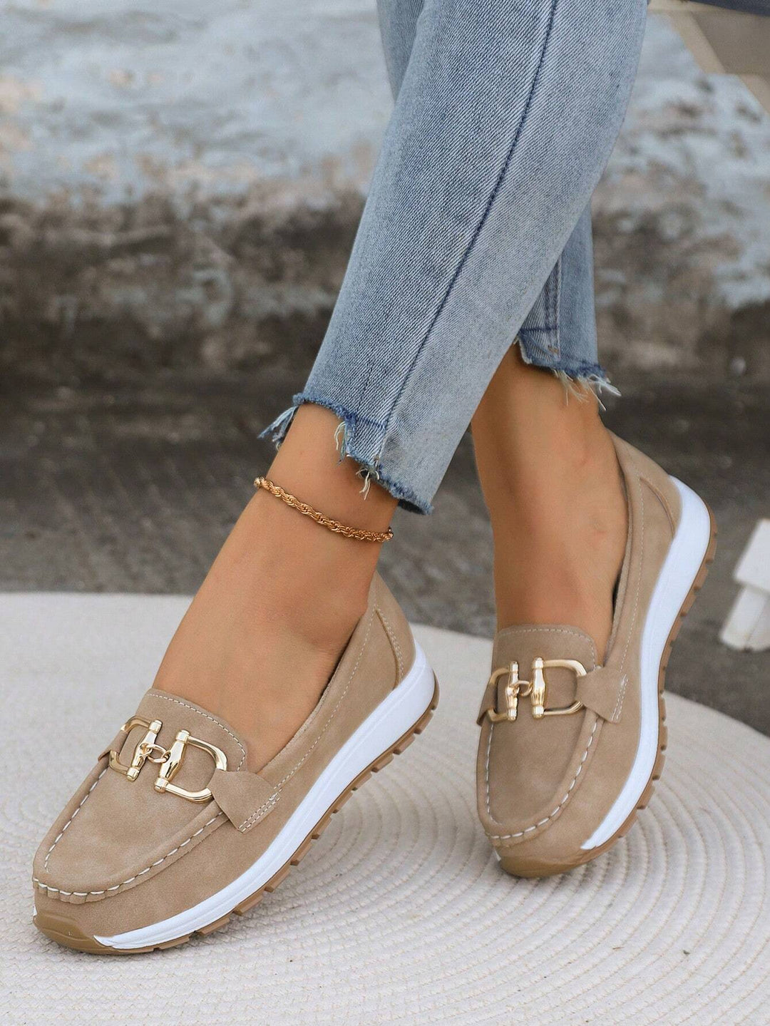 Khaki Suede-Look Slip-On Loafers worn front view