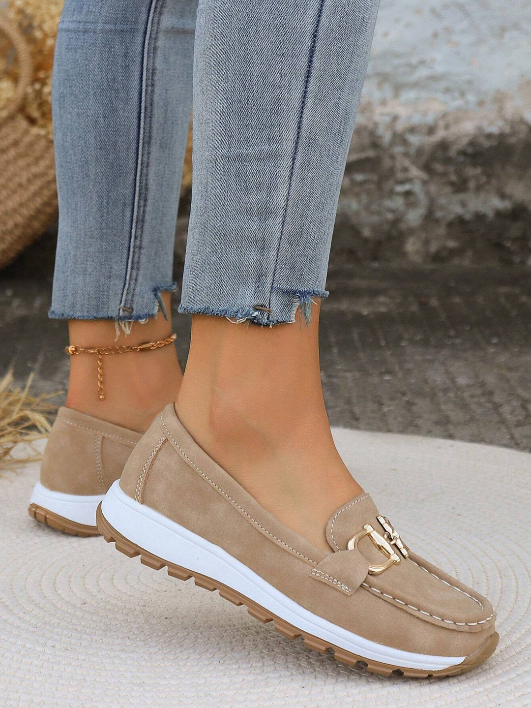 Khaki Suede-Look Slip-On Loafers worn side profile