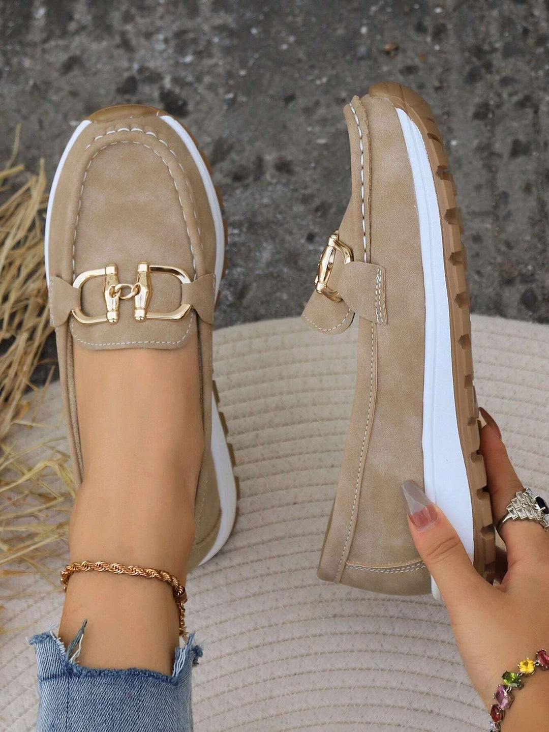 Khaki Suede-Look Slip-On Loafers top and sole view