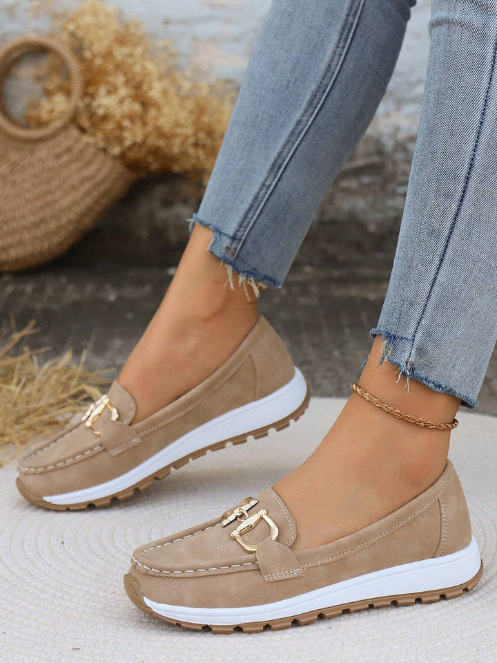 Khaki Suede-Look Slip-On Loafers worn lifestyle