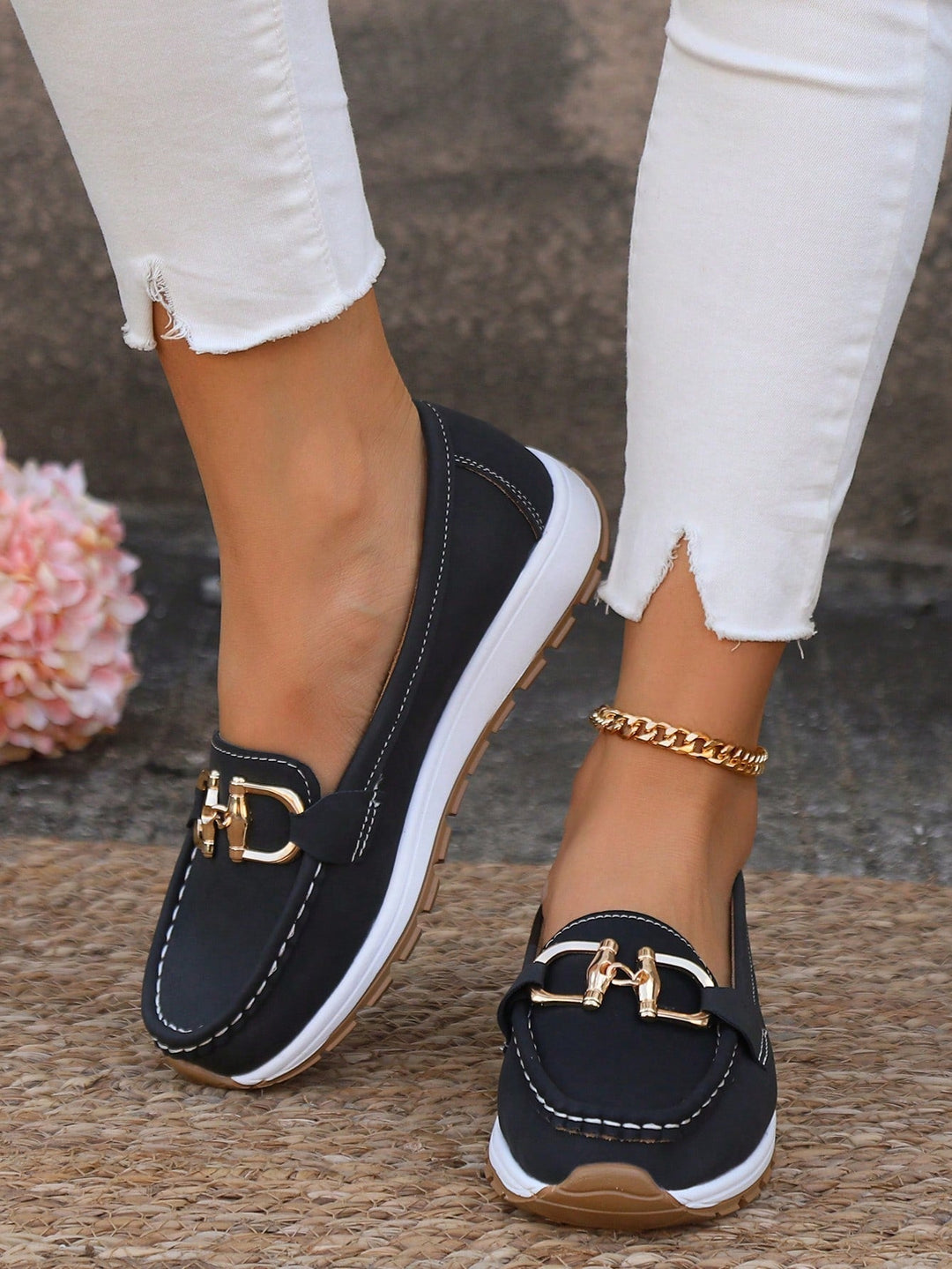 Black Suede-Look Slip-On Loafers worn front view