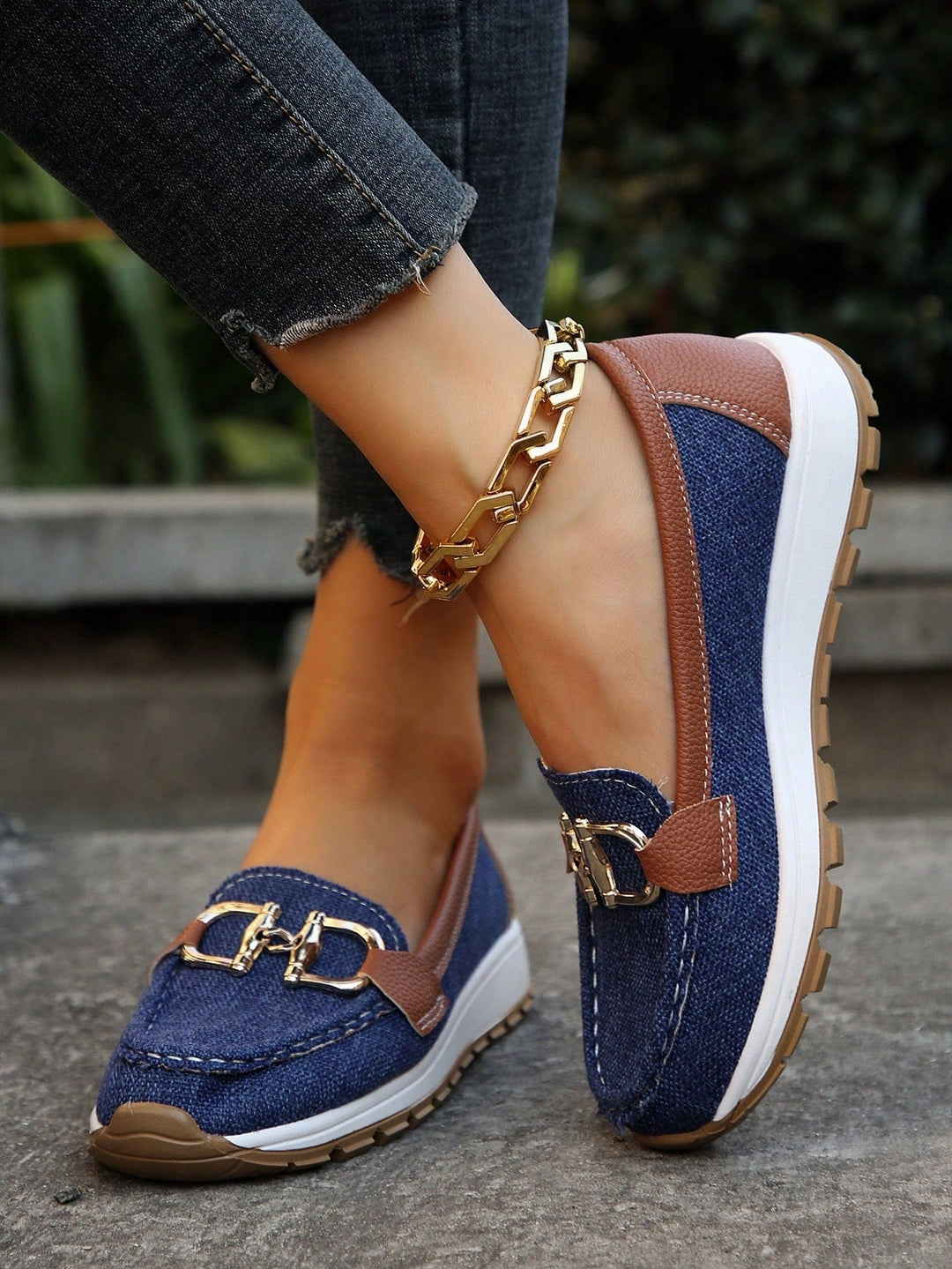 Suede-Look Slip-On Loafers in blue worn side view