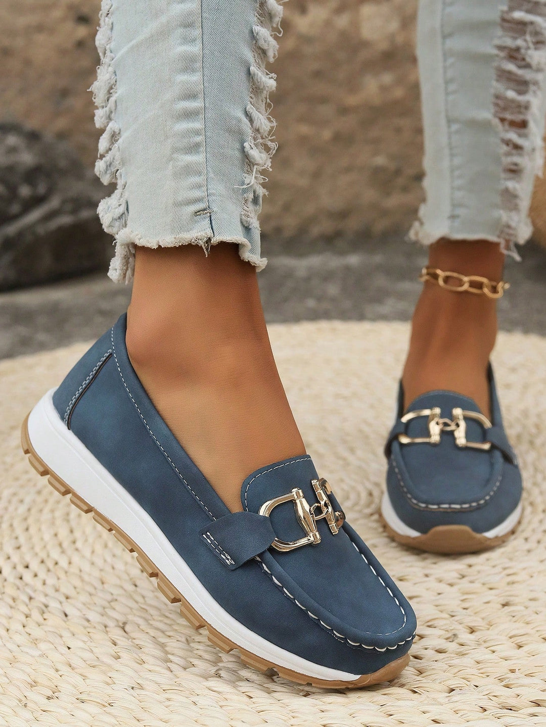 Blue Suede-Look Slip-On Loafers worn front view