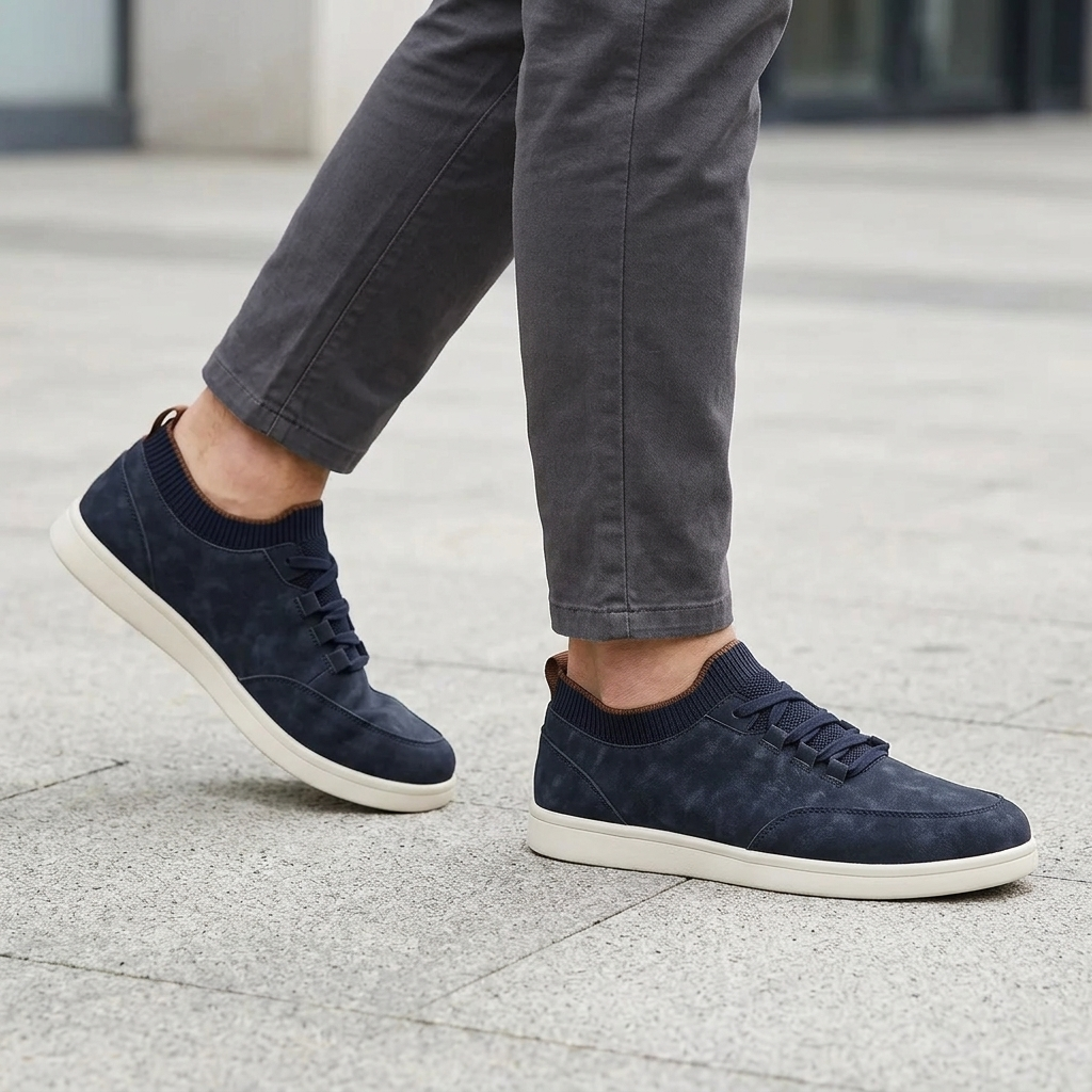 Navy Suede Low-Top Sneakers worn outdoors