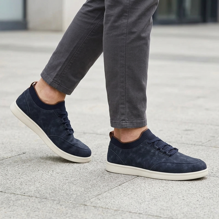 Navy Suede Low-Top Sneakers worn outdoors