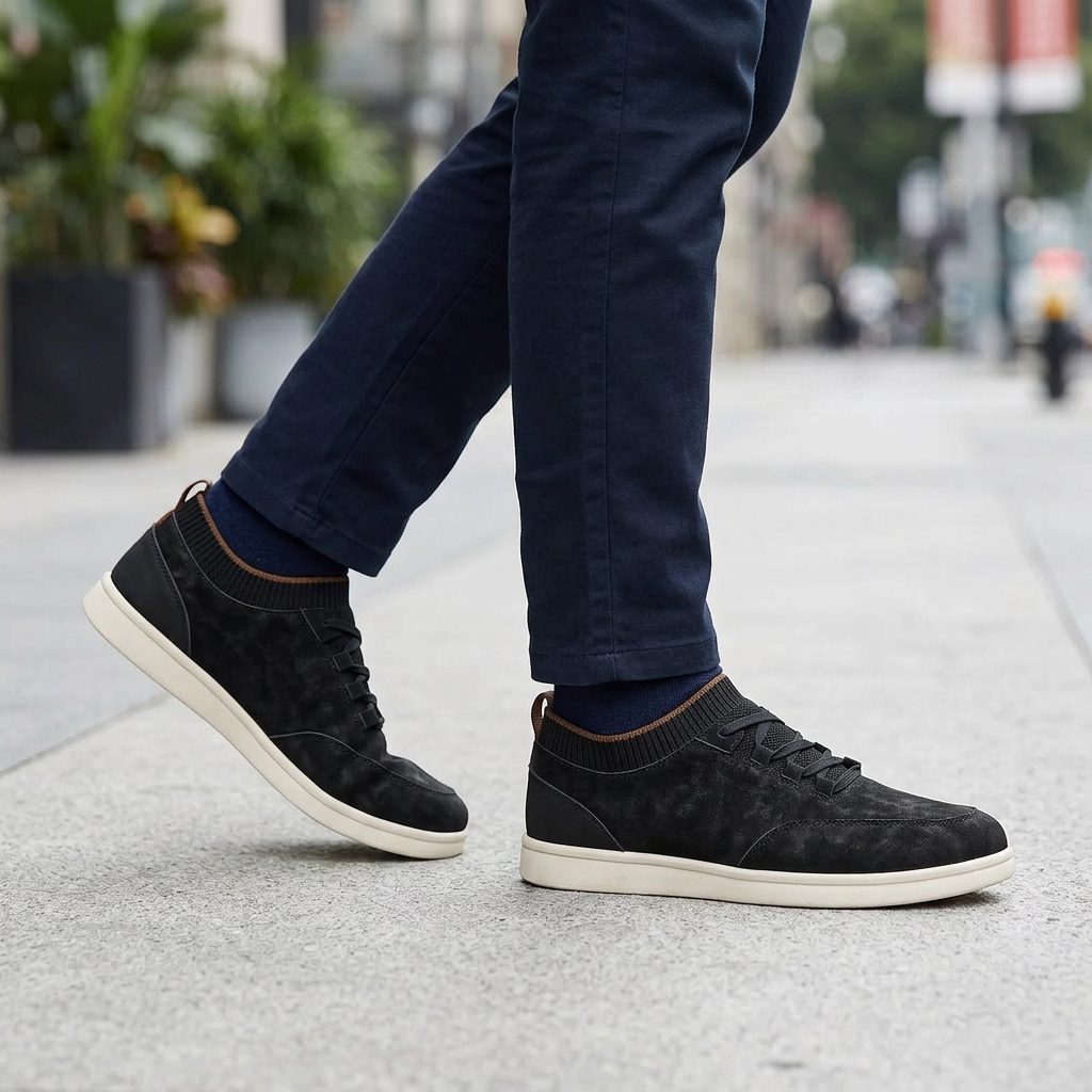 Black Suede Low-Top Sneakers worn outdoors