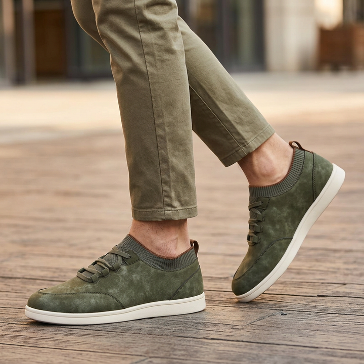 Green Suede Low-Top Sneakers worn outdoors