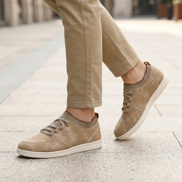 Khaki Suede Low-Top Sneakers worn outdoors