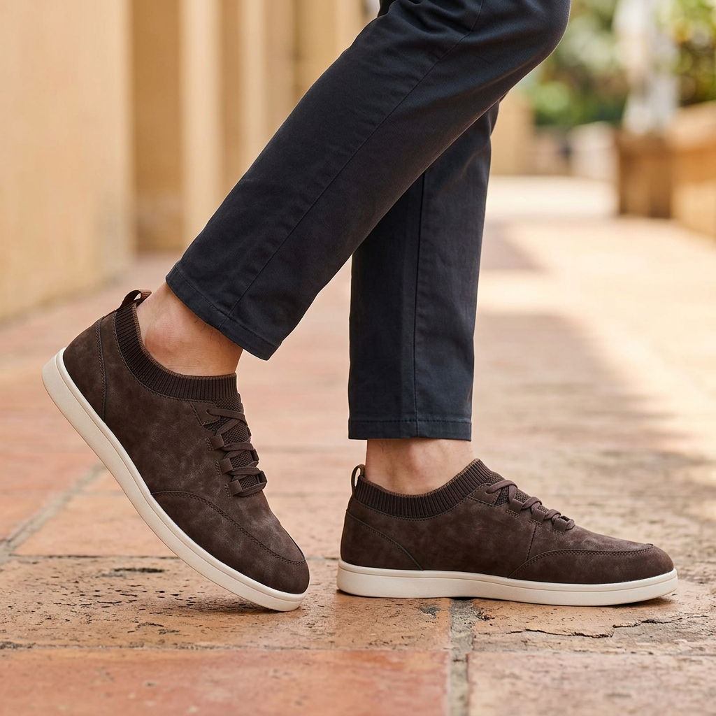 Brown Suede Low-Top Sneakers worn outdoors