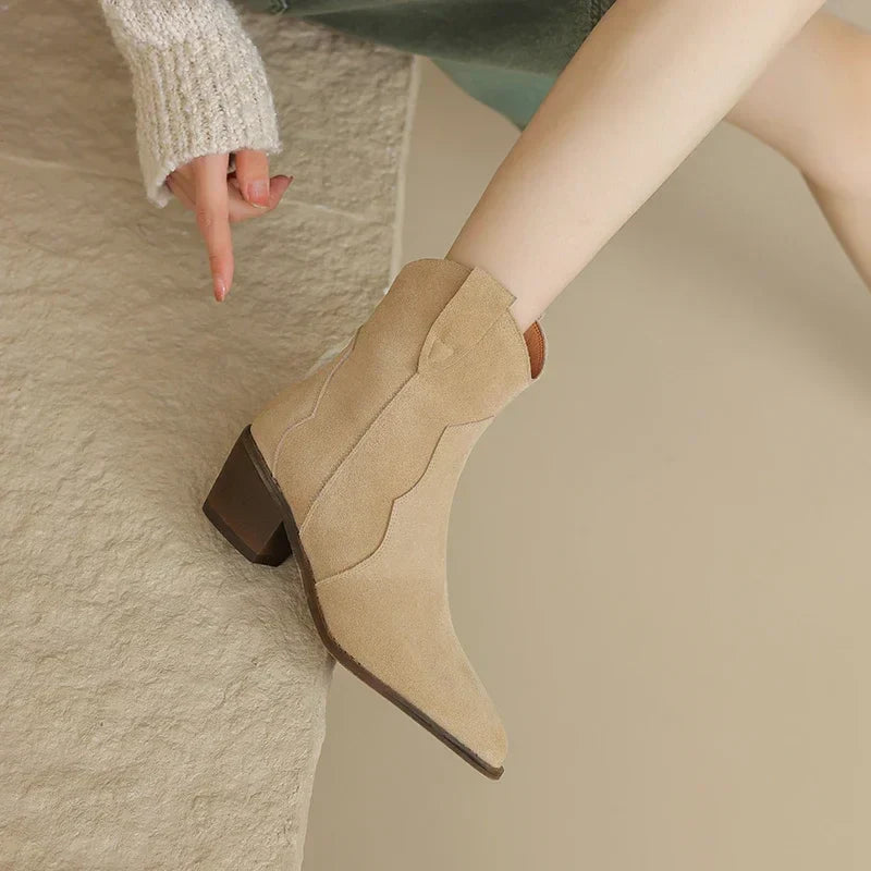 Suede Pointed-Toe Western Ankle Boots front view