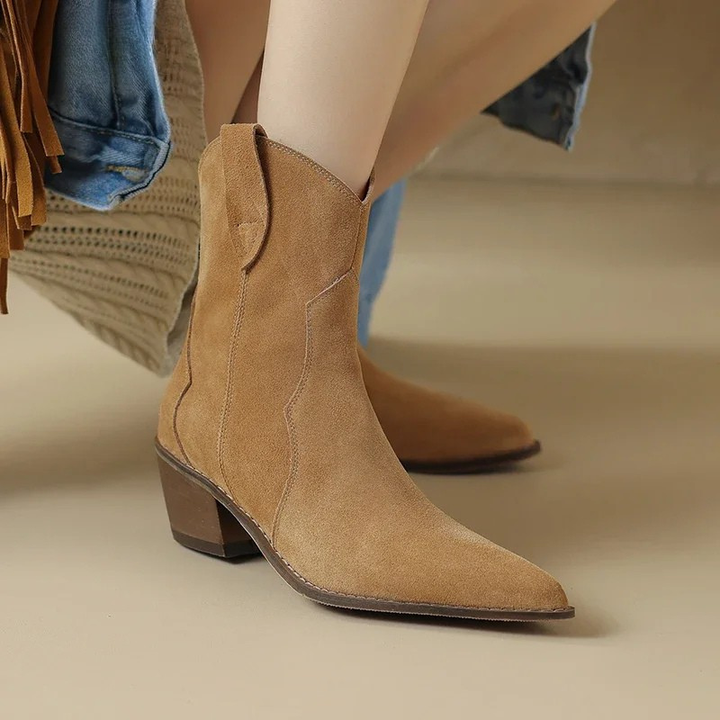 Suede Pointed-Toe Western Ankle Boots colour range flat lay