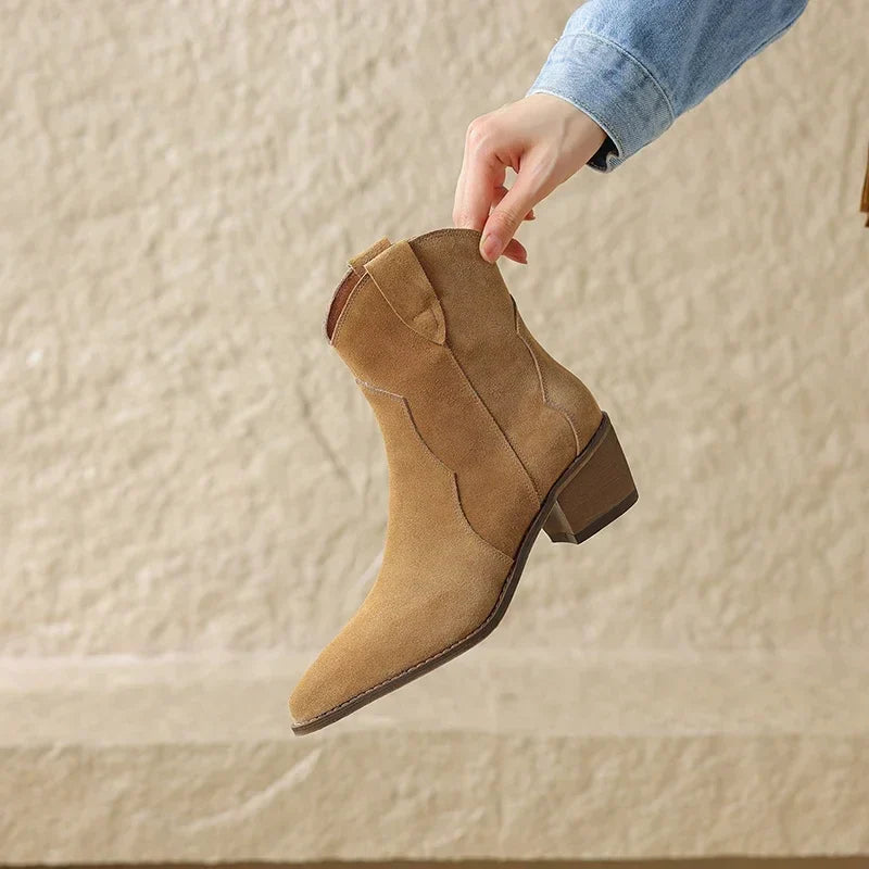 Suede Pointed-Toe Western Ankle Boots topstitched shaft detail