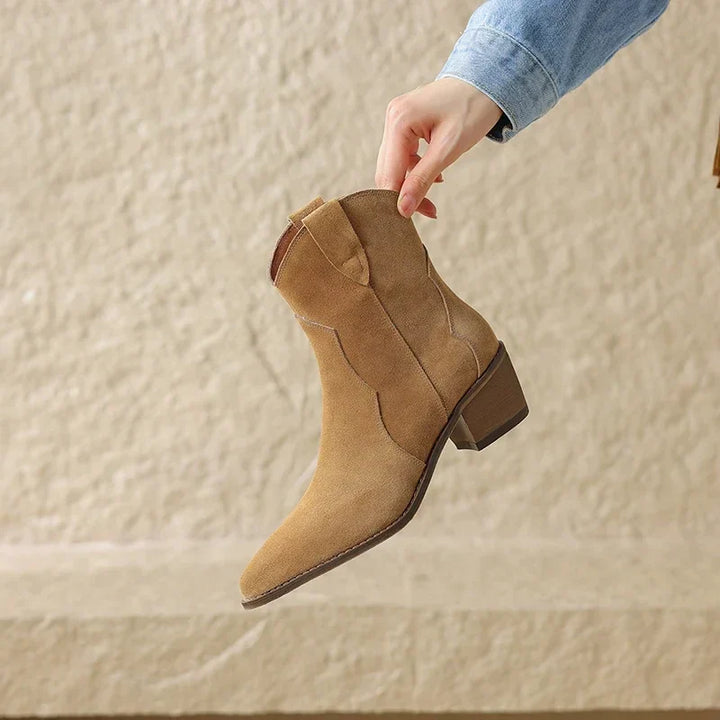 Suede Pointed-Toe Western Ankle Boots topstitched shaft detail