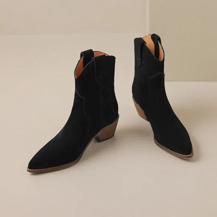 Suede Pointed-Toe Western Ankle Boots block heel and outsole detail
