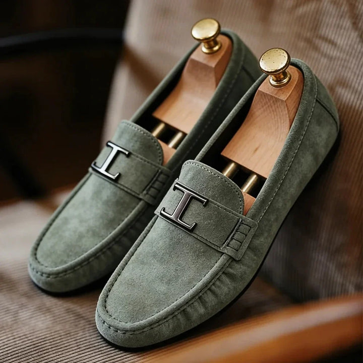 Green Suede Slip-On Loafers with shoe trees