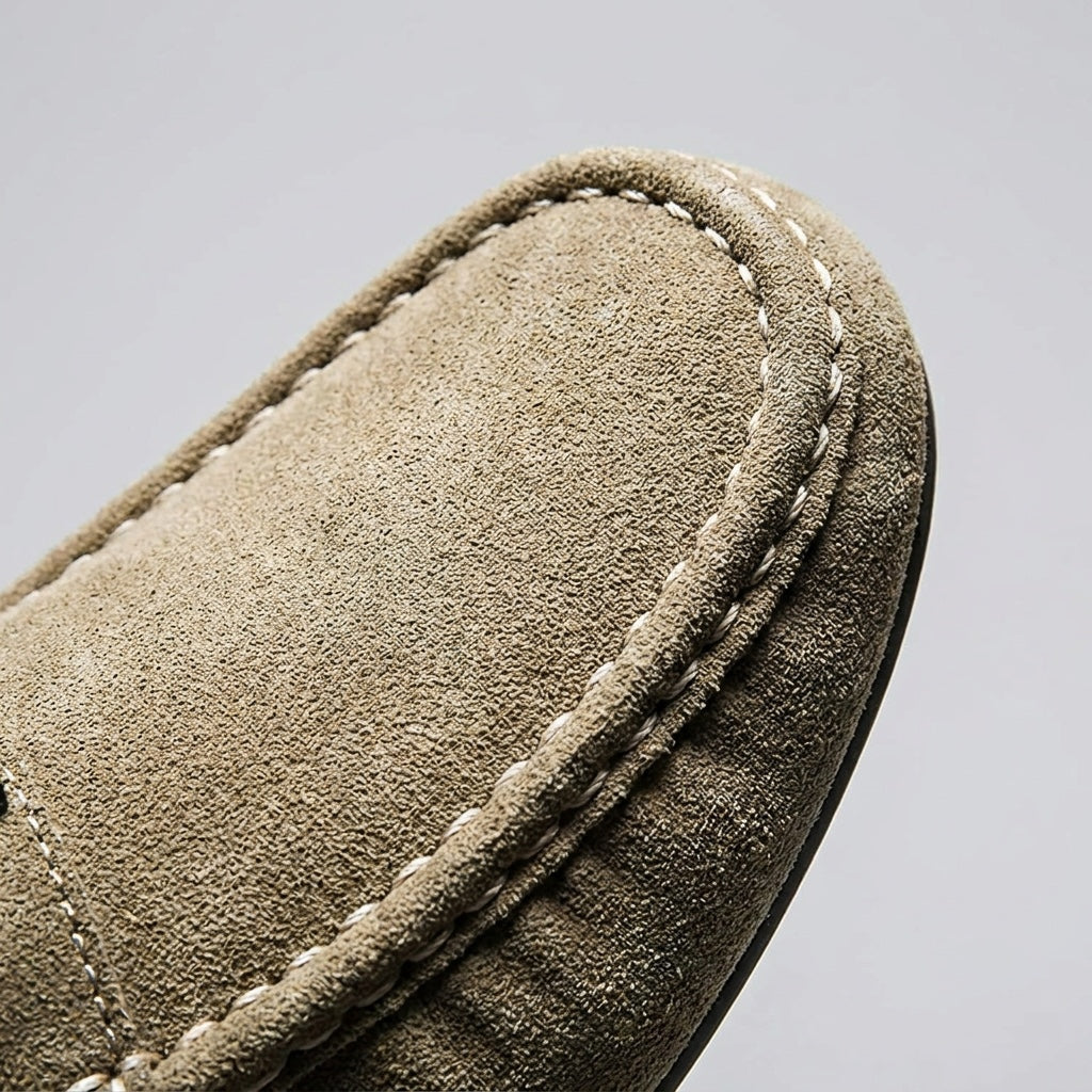 Khaki Suede Slip-On Loafers toe stitching detail