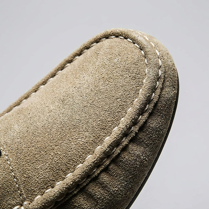 Khaki Suede Slip-On Loafers toe stitching detail