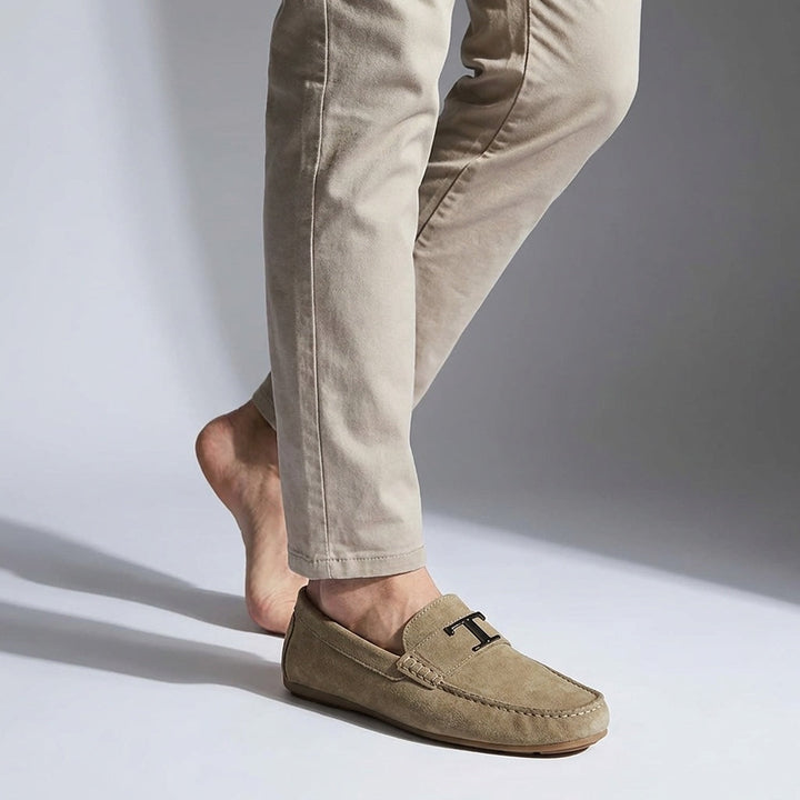 Khaki Suede Slip-On Loafers worn with chinos