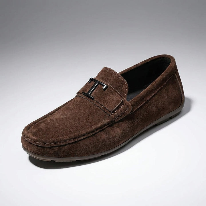 Brown Suede Slip-On Loafers angled view