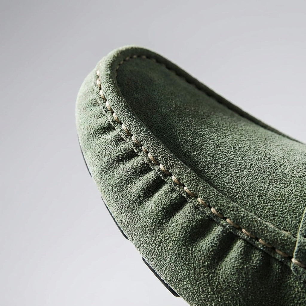 Green Suede Slip-On Loafers toe stitching detail