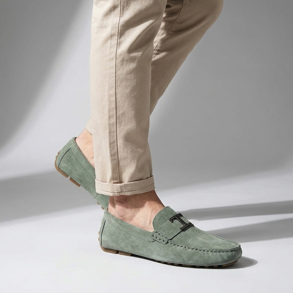 Green Suede Slip-On Loafers worn with chinos