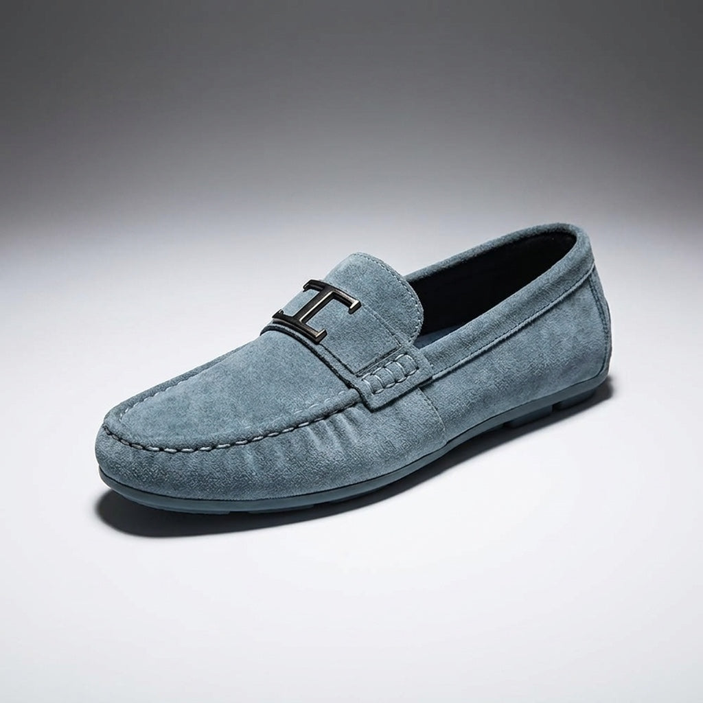 Blue Suede Slip-On Loafers angled view