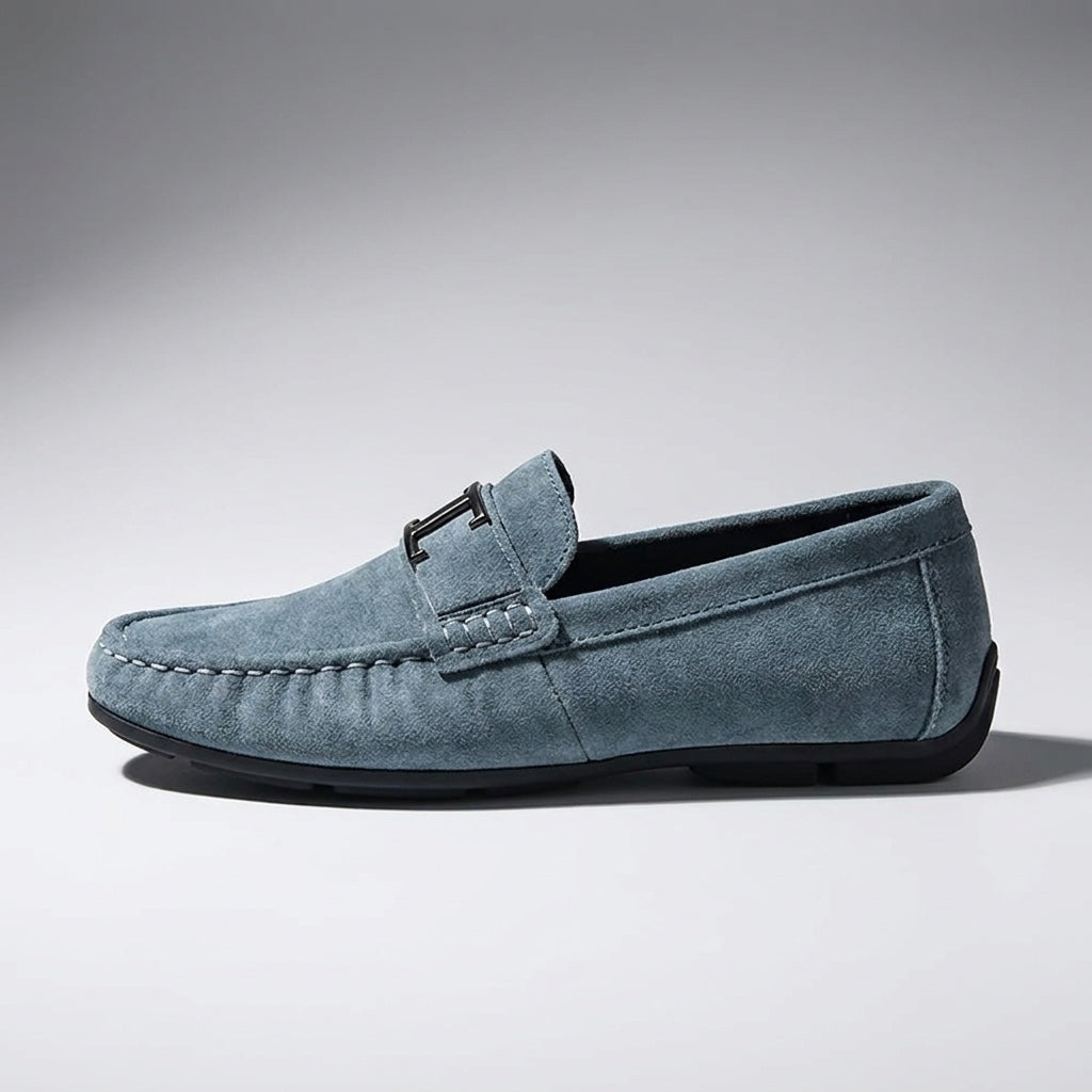 Blue Suede Slip-On Loafers side view