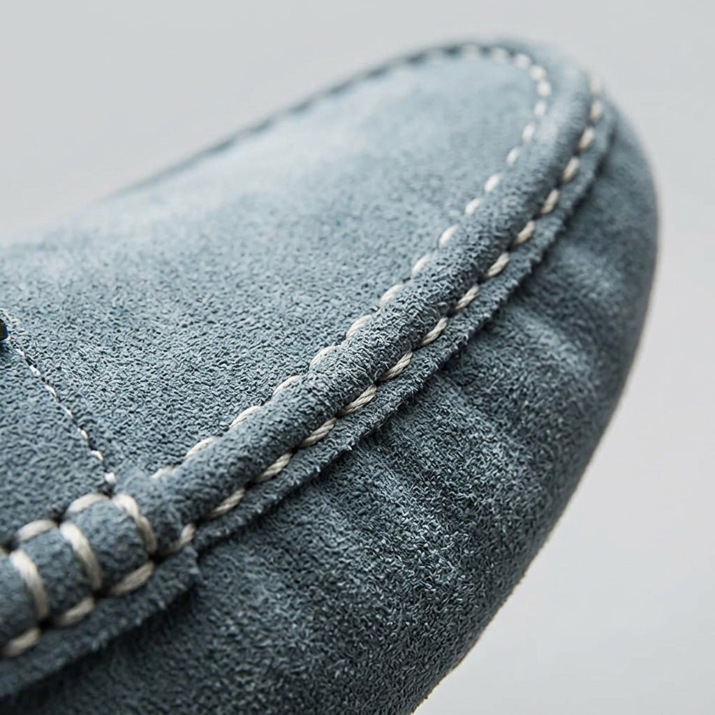 Blue Suede Slip-On Loafers toe stitching detail